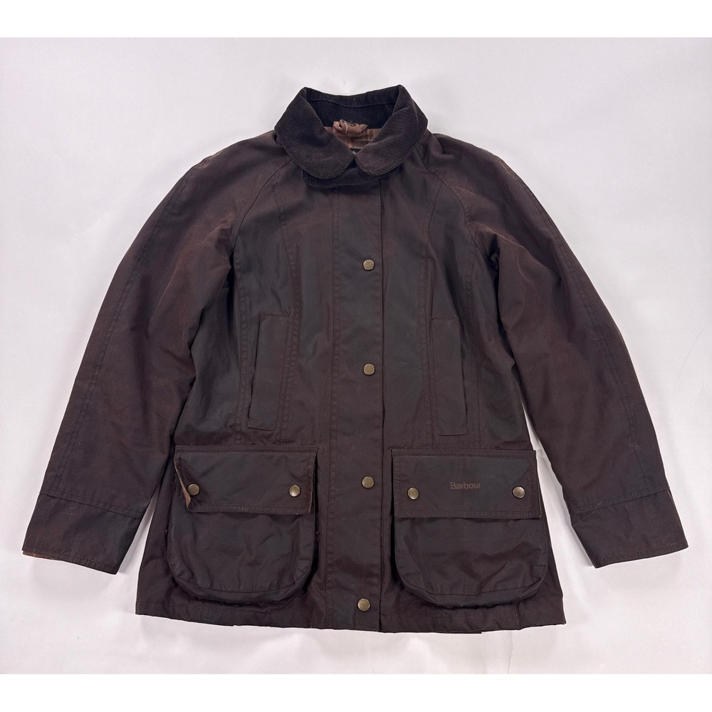 Barbour Waxed Jacket Womens US 4 UK 8 Brown Tartan Lined Field Coat Utility